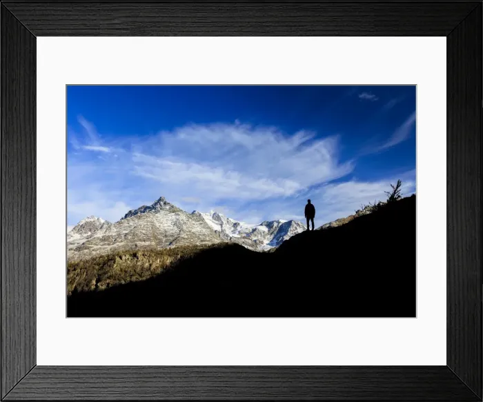Framed Print : Hiker admires Monte Disgrazia from Lake Mufule, Malenco Valley, Province of Sondrio Framed Print : Hiker admires Monte Disgrazia from Lake Mufule, Malenco Valley, Province of Sondrio