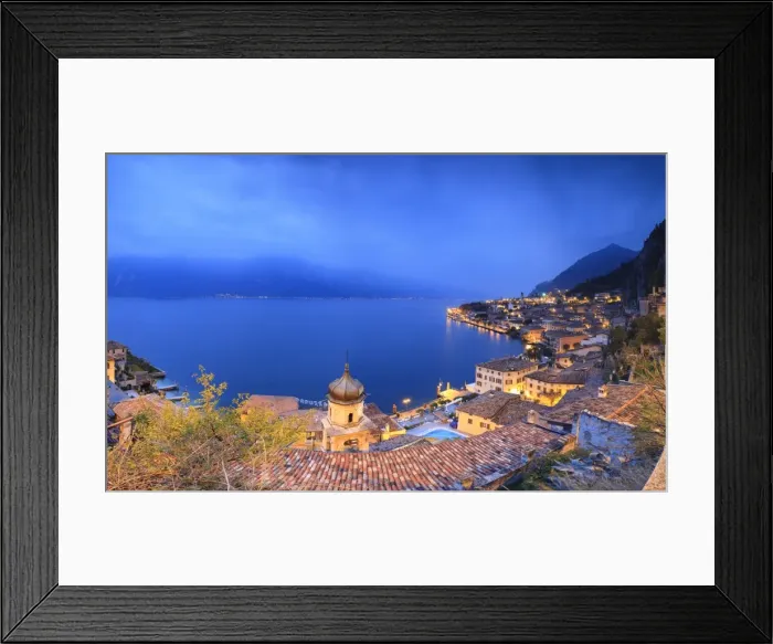 Framed Print : Panorama of Lake Garda and the typical town Limone Sul Garda at dusk, province of Brescia Framed Print : Panorama of Lake Garda and the typical town Limone Sul Garda at dusk, province of Brescia