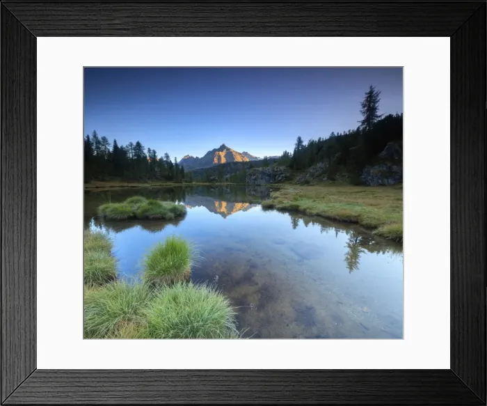 Framed Print : Panorama of Sasso Moro reflected in Lake Mufule at dawn, Malenco Valley, Province of Sondrio Framed Print : Panorama of Sasso Moro reflected in Lake Mufule at dawn, Malenco Valley, Province of Sondrio