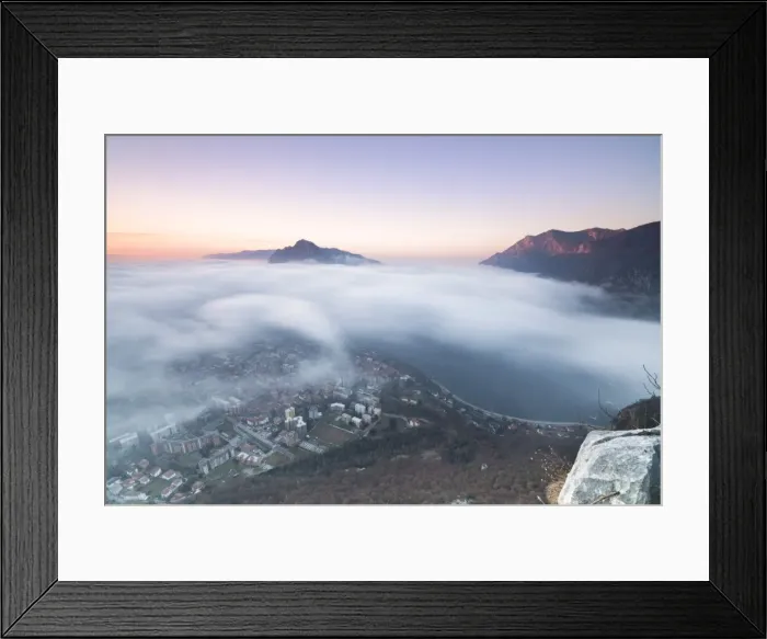 Framed Print : Fog at sunrise above the city of Lecco seen from Monte San Martino, Province of Lecco Framed Print : Fog at sunrise above the city of Lecco seen from Monte San Martino, Province of Lecco