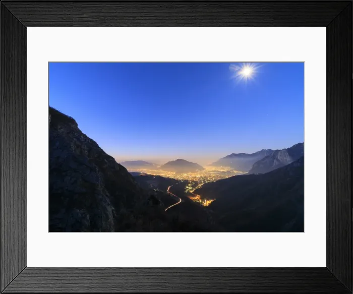 Framed Print : Dusk on the illuminated city of Lecco seen from the road to Morterone, Lombardy, Italy Framed Print : Dusk on the illuminated city of Lecco seen from the road to Morterone, Lombardy, Italy