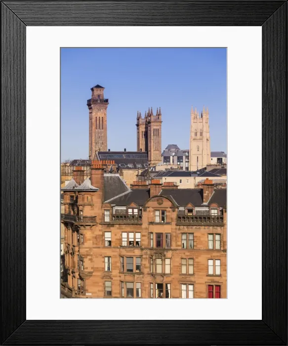 Framed Print : City skyline view of the towers of Trinity College and Park Church in the West End of Glasgow Framed Print : City skyline view of the towers of Trinity College and Park Church in the West End of Glasgow