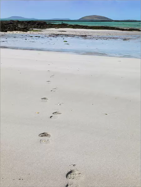 Footsteps on a beach, Isle of Eriskay, Sound of Barra, Outer Hebrides, Scotland, United Kingdom