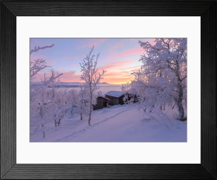 Framed Print : Dawn light illuminates a lonely house in the snow-covered forest, Bjorkliden, Norbottens Ian Framed Print : Dawn light illuminates a lonely house in the snow-covered forest, Bjorkliden, Norbottens Ian