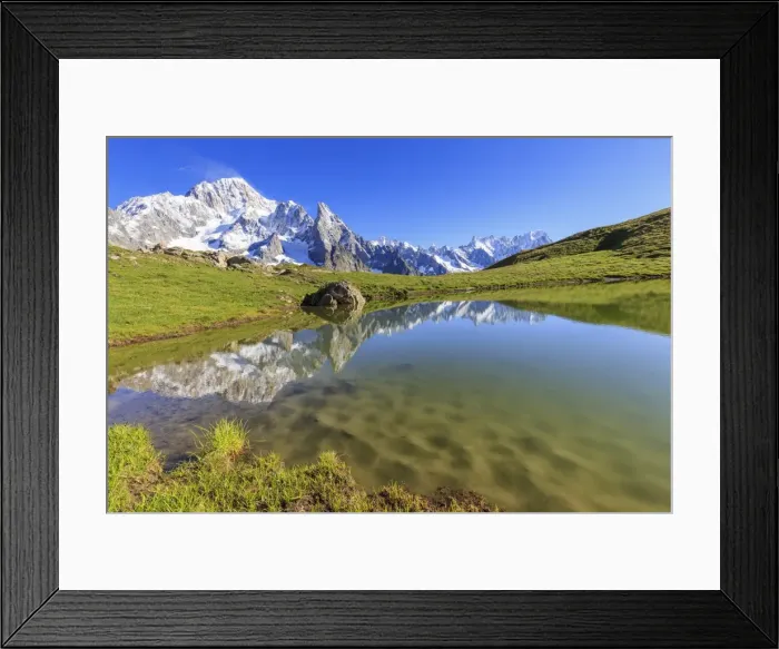 Framed Print : Mont Blanc group reflected in the Lac des Vesses (Vesses Lake), Veny Valley, Courmayeur