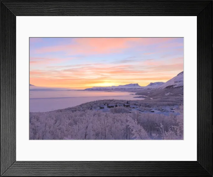 Framed Print : Sunrise illuminates Bjorkliden houses and camping. Bjorkliden, Norbottens Ian, Sweden Framed Print : Sunrise illuminates Bjorkliden houses and camping. Bjorkliden, Norbottens Ian, Sweden