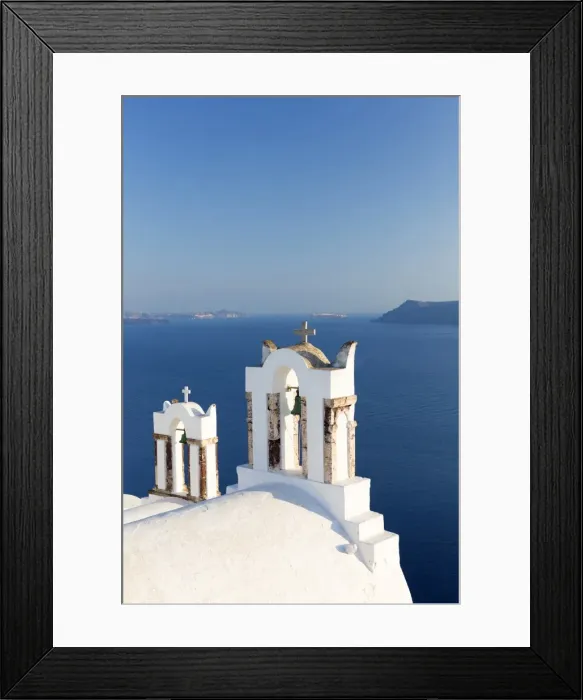 Framed Print : White church belltowers overlooking the Caldera, Oia, Santorini, Cyclades, Greek Islands Framed Print : White church belltowers overlooking the Caldera, Oia, Santorini, Cyclades, Greek Islands