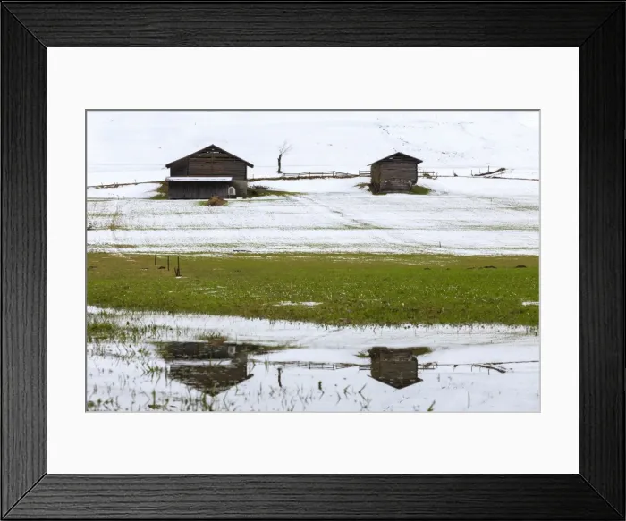 Framed Print : Typical Walser houses reflected in pond, Versam, Safiental, Surselva, Graubunden Framed Print : Typical Walser houses reflected in pond, Versam, Safiental, Surselva, Graubunden
