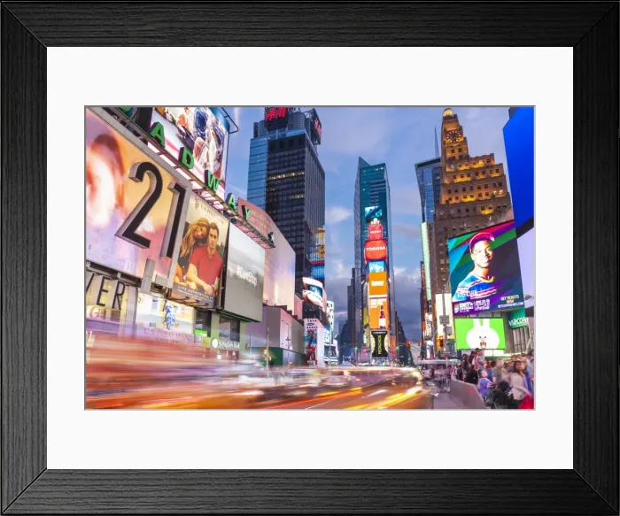 Framed Print : Bright billboards, busy traffic light trails, Times Square, Broadway, Theatre District Framed Print : Bright billboards, busy traffic light trails, Times Square, Broadway, Theatre District