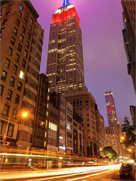 Empire State building at night, Fifth Avenue, traffic light trails, Manhattan, New York