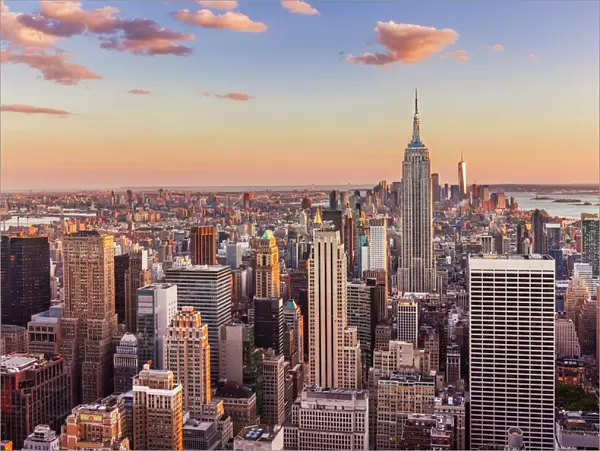 Manhattan skyline, New York skyline, Empire State Building, sunset, New York City
