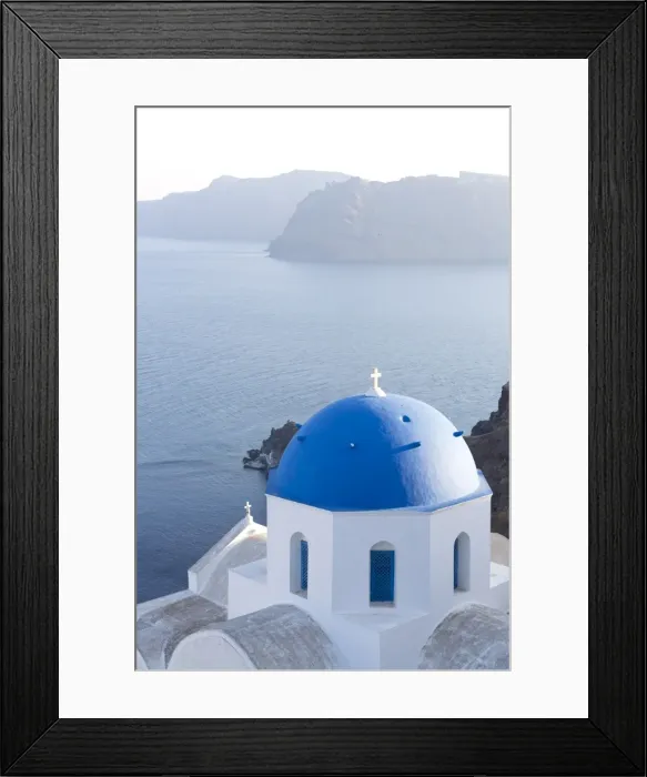 Framed Print : White church with blue dome overlooking the Caldera, Oia, Santorini, Cyclades Islands Framed Print : White church with blue dome overlooking the Caldera, Oia, Santorini, Cyclades Islands