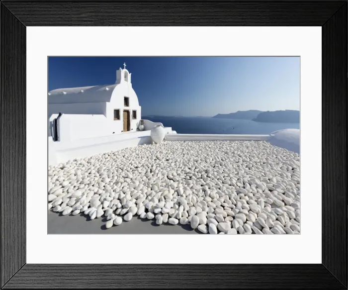 Framed Print : Small whitewashed church against blue sea and sky, Finikia, near Oia, Santorini, Cyclades Framed Print : Small whitewashed church against blue sea and sky, Finikia, near Oia, Santorini, Cyclades