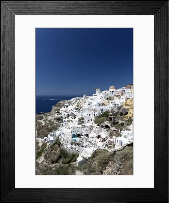 Framed Print : Classic view of the village of Oia with its windmill and whitewashed houses, Oia Framed Print : Classic view of the village of Oia with its windmill and whitewashed houses, Oia