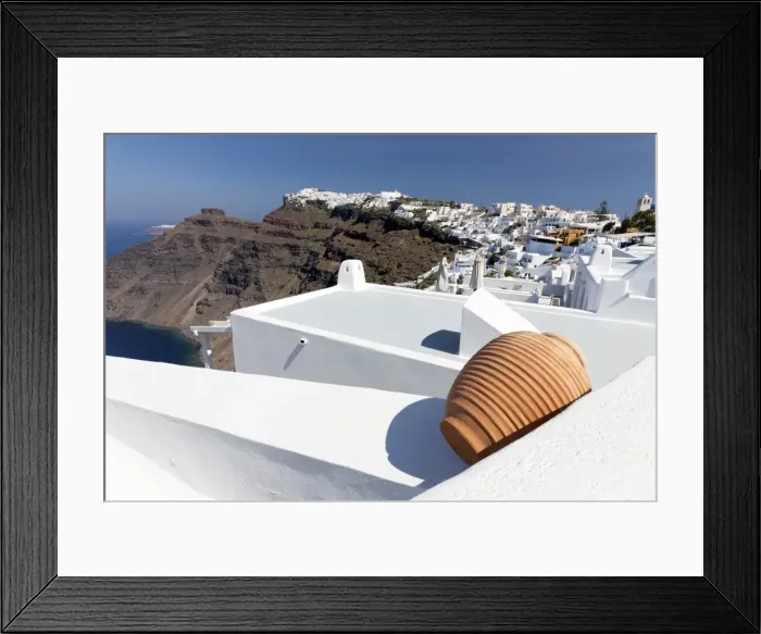 Framed Print : View towards Imerovigli and Oia from Firostefani showing villages clinging to cliffs Framed Print : View towards Imerovigli and Oia from Firostefani showing villages clinging to cliffs