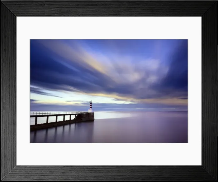 Framed Print : Long exposure image of Amble Lighthouse with streaky clouds and smooth sea, Amble Framed Print : Long exposure image of Amble Lighthouse with streaky clouds and smooth sea, Amble