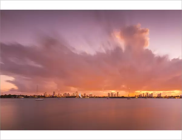 View of Downtown from South Beach at sunset, Miami Beach, Miami, Florida, United States of America