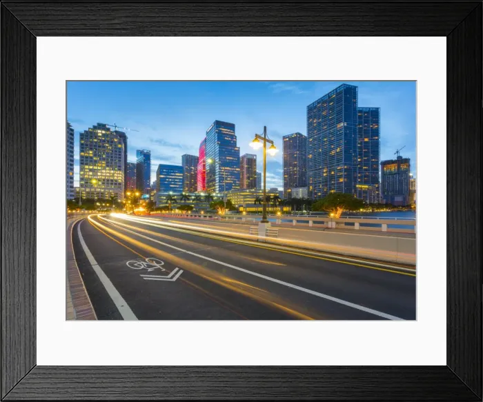 Framed Print : Bridge leading to Brickell Key and Downtown Miami skyline at dusk, Downtown Miami Framed Print : Bridge leading to Brickell Key and Downtown Miami skyline at dusk, Downtown Miami