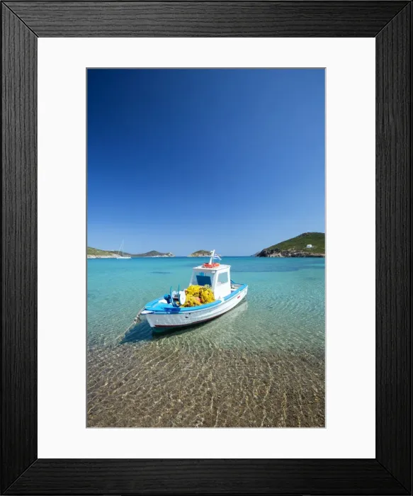 Framed Print : Fishing boat moored on the beach, Patmos Island, Dodecanese, Greek Islands, Greece Framed Print : Fishing boat moored on the beach, Patmos Island, Dodecanese, Greek Islands, Greece