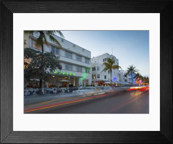 Framed Print : Ocean Drive restaurants and Art Deco architecture at dusk, South Beach, Miami Beach Framed Print : Ocean Drive restaurants and Art Deco architecture at dusk, South Beach, Miami Beach