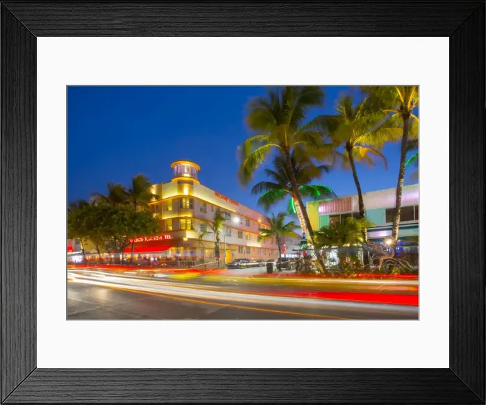 Framed Print : Ocean Drive restaurants and Art Deco architecture at dusk, South Beach, Miami Beach Framed Print : Ocean Drive restaurants and Art Deco architecture at dusk, South Beach, Miami Beach