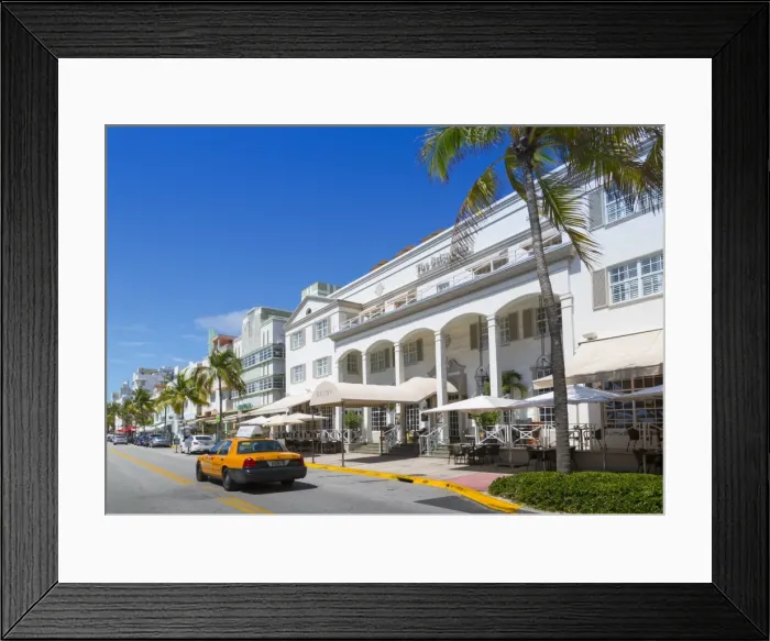 Framed Print : Ocean Drive and Art Deco architecture and yellow cab, Miami Beach, Miami, Florida Framed Print : Ocean Drive and Art Deco architecture and yellow cab, Miami Beach, Miami, Florida