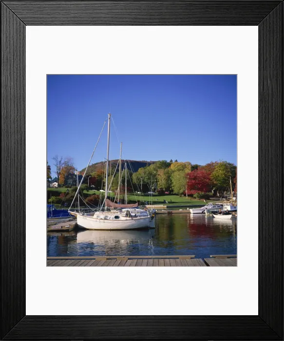 Framed Print : Boats on the waterfront at Camden harbour with fall colours Framed Print : Boats on the waterfront at Camden harbour with fall colours