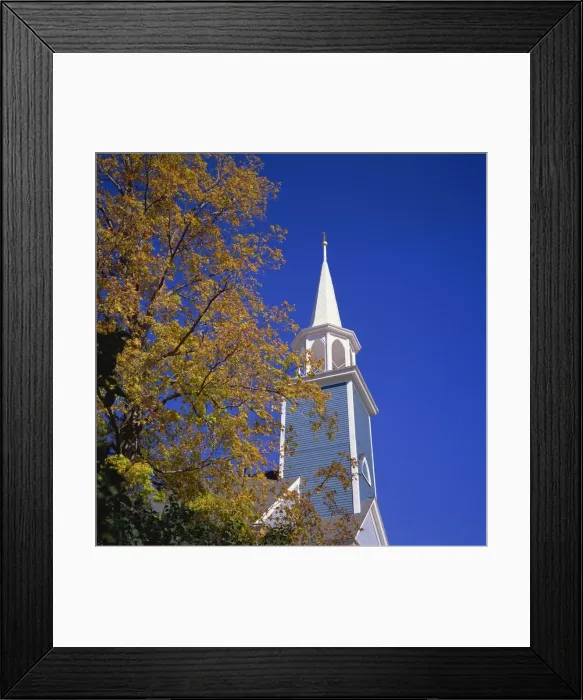 Framed Print : Trees in fall colours and wooden church spire at Wiscasset Framed Print : Trees in fall colours and wooden church spire at Wiscasset