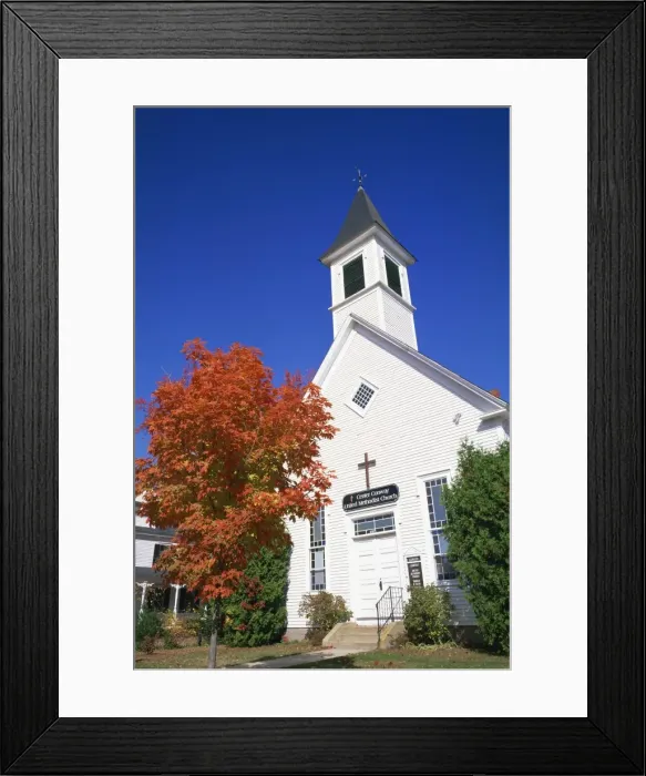Framed Print : A small maple tree in fall colours before the Center Conway United Methodist Framed Print : A small maple tree in fall colours before the Center Conway United Methodist