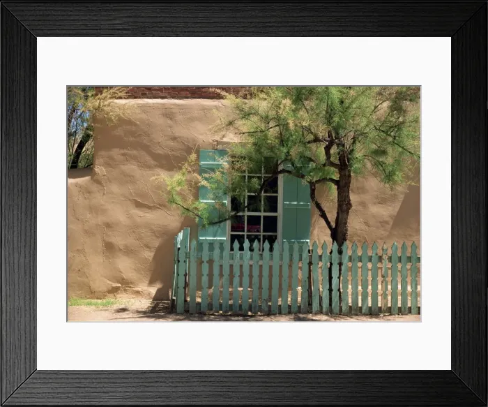 Framed Print : Detail of old adobe house with turquoise shutters Framed Print : Detail of old adobe house with turquoise shutters