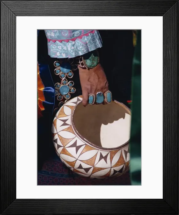 Framed Print : Close-up of turquoise jewellery on the hand of an Indian Framed Print : Close-up of turquoise jewellery on the hand of an Indian