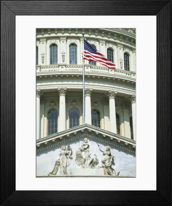 Framed Print : Close-up of statues and the American flag Framed Print : Close-up of statues and the American flag