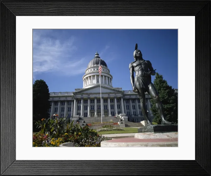 Framed Print : Statue of an American Indian in front of the State Framed Print : Statue of an American Indian in front of the State