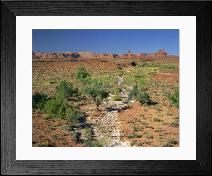 Framed Print : A line of green vegetation marks a dry river bed in Framed Print : A line of green vegetation marks a dry river bed in