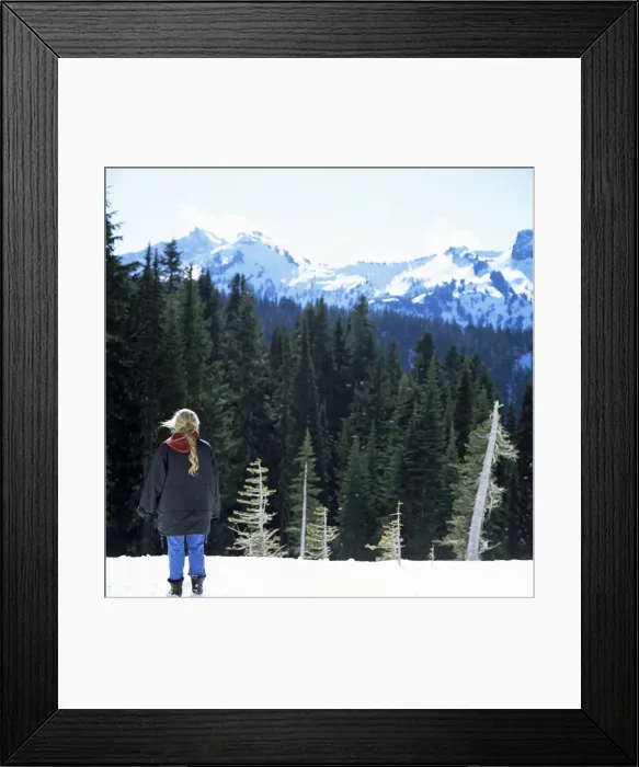 Framed Print : Blonde girl looks at snow covered peaks from the Paradise Lodge Framed Print : Blonde girl looks at snow covered peaks from the Paradise Lodge