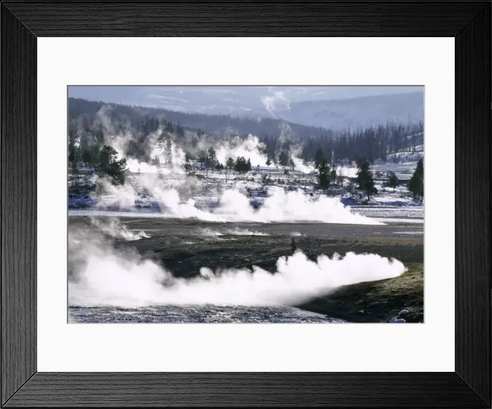 Framed Print : Steam from hot springs and snow-free hot ground in Framed Print : Steam from hot springs and snow-free hot ground in