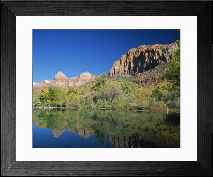Framed Print : Reflections of trees in fall colours and cliffs of Zion Framed Print : Reflections of trees in fall colours and cliffs of Zion