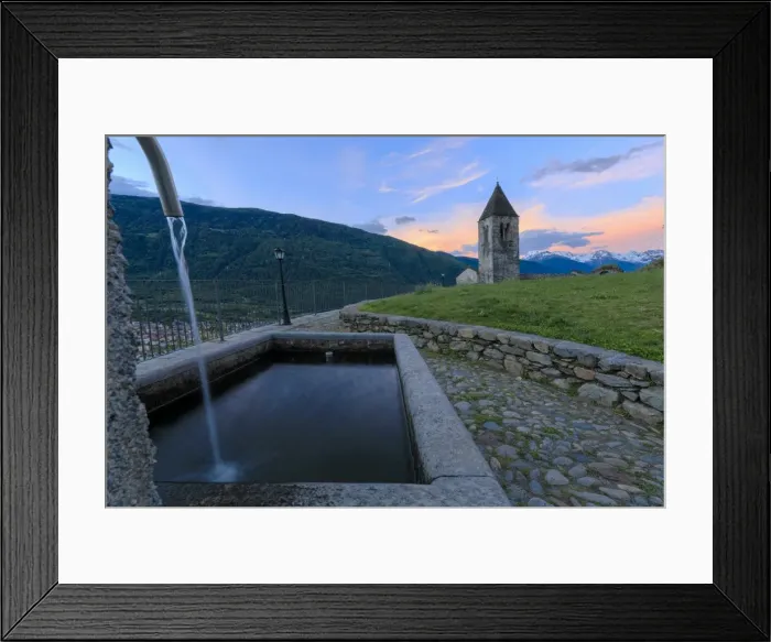 Framed Print : Stone fountain next to bell tower, Xenodochio of Santa Perpetua, Tirano, province of Sondrio Framed Print : Stone fountain next to bell tower, Xenodochio of Santa Perpetua, Tirano, province of Sondrio