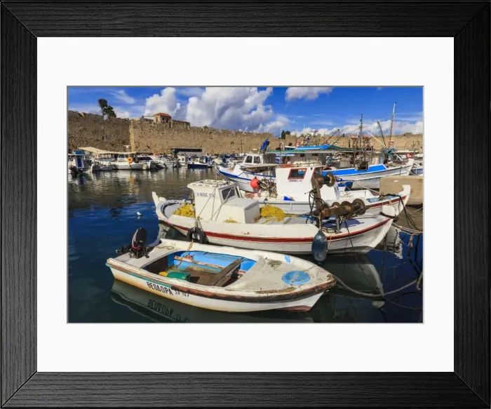 Framed Print : Fishing boats, Commercial harbour and Medieval walls, Old Rhodes Town, UNESCO World Heritage Site Framed Print : Fishing boats, Commercial harbour and Medieval walls, Old Rhodes Town, UNESCO World Heritage Site