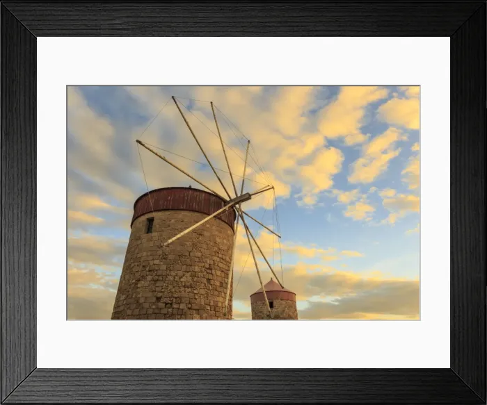 Framed Print : Mandraki Harbour medieval windmills at sunset, Rhodes, Dodecanese, Greek Islands Framed Print : Mandraki Harbour medieval windmills at sunset, Rhodes, Dodecanese, Greek Islands
