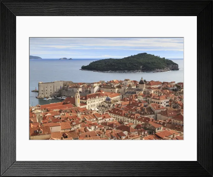 Framed Print : Elevated view, Old Town and Lokrum Island from Minceta Tower, Fort on City Walls Framed Print : Elevated view, Old Town and Lokrum Island from Minceta Tower, Fort on City Walls