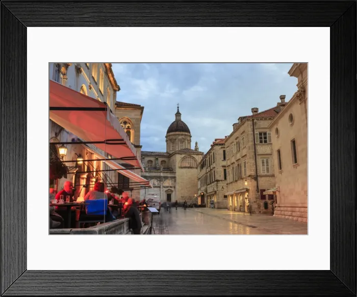 Framed Print : Cathedral and busy outdoor cafe, evening blue hour, Old Town, Dubrovnik, UNESCO World Heritage Site Framed Print : Cathedral and busy outdoor cafe, evening blue hour, Old Town, Dubrovnik, UNESCO World Heritage Site
