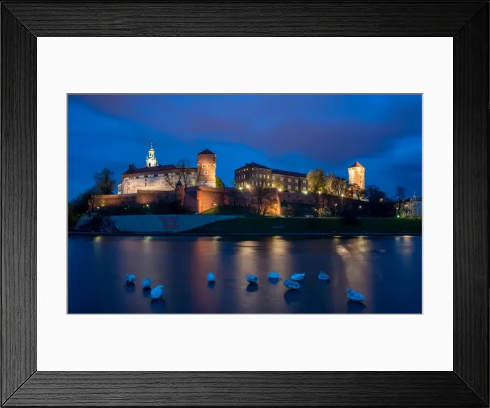 Framed Print : Wawel Hill Castle and Cathedral, Vistula River with swans, illuminated at night, Krakow Framed Print : Wawel Hill Castle and Cathedral, Vistula River with swans, illuminated at night, Krakow