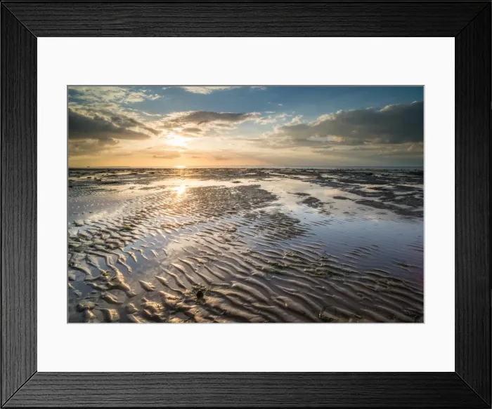 Framed Print : View of sandy beach and pools at low tide, at sunset, Reculver, Kent, England, United Kingdom Framed Print : View of sandy beach and pools at low tide, at sunset, Reculver, Kent, England, United Kingdom