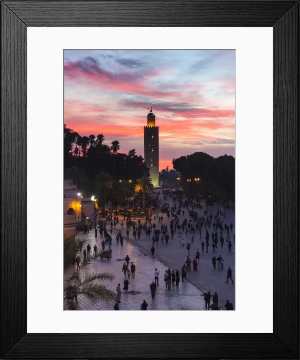 Framed Print : View towards Koutoubia Minaret at sunset from Djemaa el Fna, Marrakech, Morocco, North Africa Framed Print : View towards Koutoubia Minaret at sunset from Djemaa el Fna, Marrakech, Morocco, North Africa