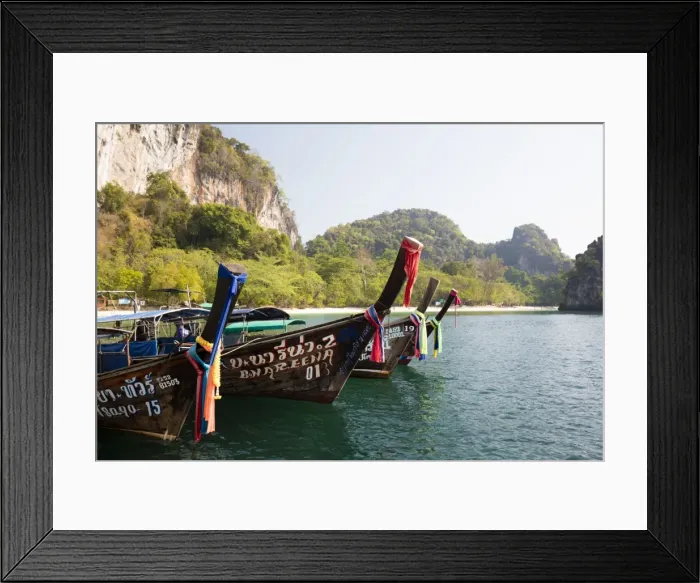 Framed Print : Traditional longtail boats and limestone cliffs, Hong Island, one of the Koh Hong Islands Framed Print : Traditional longtail boats and limestone cliffs, Hong Island, one of the Koh Hong Islands