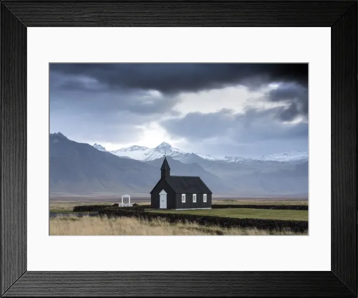 Framed Print : Black wooden church against mountains, Budir, Snaefellsnes Peninsula, Iceland, Polar