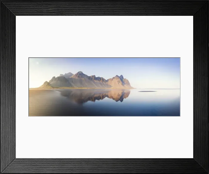 Framed Print : Panoramic view of Vestrahorn Mountain range reflecting in shallows of black volcanic beach Framed Print : Panoramic view of Vestrahorn Mountain range reflecting in shallows of black volcanic beach