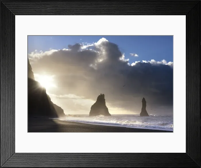 Framed Print : Rock stacks of Reynisdrangar in silhouette at sunrise, from Halsanefs Hellir Beach Framed Print : Rock stacks of Reynisdrangar in silhouette at sunrise, from Halsanefs Hellir Beach