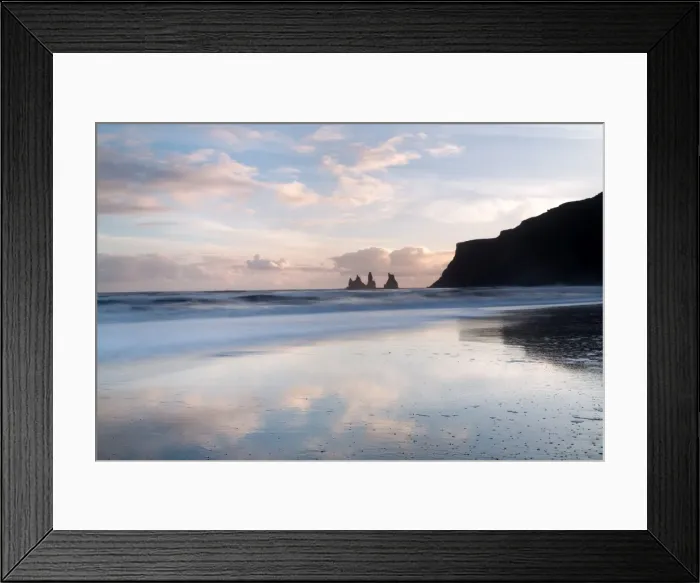 Framed Print : Rock stacks of Reynisfjara, captured from beach at Vik Y Myrdal at sunset, South Iceland Framed Print : Rock stacks of Reynisfjara, captured from beach at Vik Y Myrdal at sunset, South Iceland